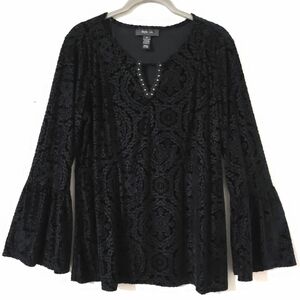STYLE & CO Black Velvet Burnout Long Sleeve, Bell Sleeves, Witchy Whimsigoth, M